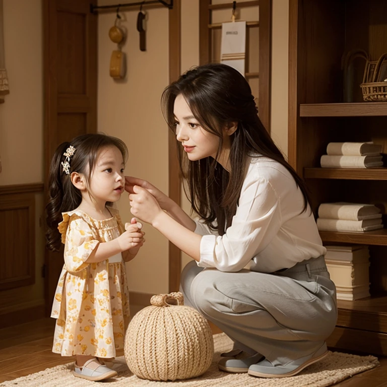 Q version of the picture，Mother measuring daughter&#39;s height，The warm，Warm color palette，stickfigure