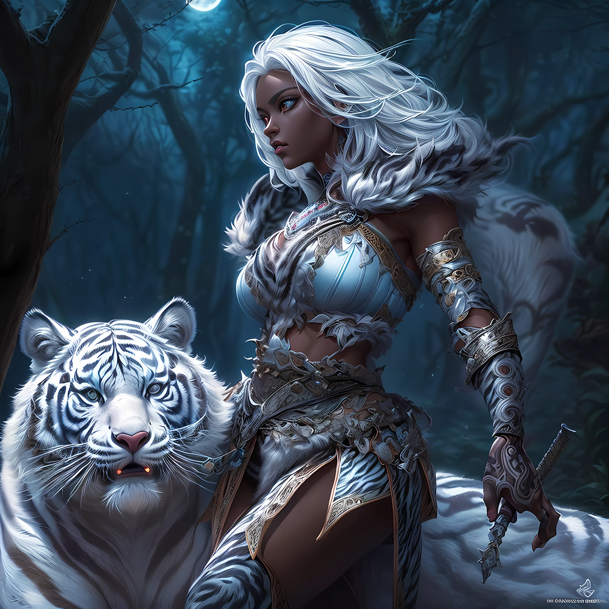high details, best quality, 16k, [Ultra detailed], masterpiece, best quality, (extremely detailed), dynamic angle, ultra wide shot, RAW, photorealistic, fantasy art, RPG art, realistic art, a wide angle picture of an epic female drow ranger and her pet (white tiger: 1.3),  warrior of nature, fighter of nature, full body, [[anatomically correct]] full body (intricate details, Masterpiece, best quality: 1.5) talking to am epic (white tiger: 1.3) (intricate details, Masterpiece, best quality: 1.6) armed with an epic magical sword  (intricate details, Masterpiece, best quality: 1.5) epic magical sword, glowing in blue light , in dark forest ( intricate details, Masterpiece, best quality: 1.4), a female beautiful epic drow wearing leather armor (intricate details, Masterpiece, best quality: 1.5), leather boots, thick hair, long hair, white hair, black skin intense eyes, forest  background (intense details), moon light, stars light, clouds (intricate details, Masterpiece, best quality: 1.5), dynamic angle, (intricate details, Masterpiece, best quality: 1.3), high details, best quality, highres, ultra wide angle