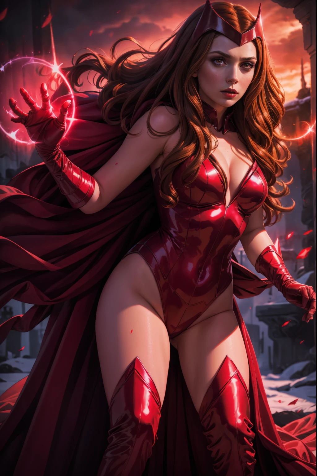 best quality,ultra-detailed,realistic,sexy scarlet witch,beautiful detailed eyes, beautiful detailed lips, long red hair, witch costume, glowing magical powers, intense gaze, confident posture, dark and mysterious background, vibrant colors, enchanting art style, dramatic lighting