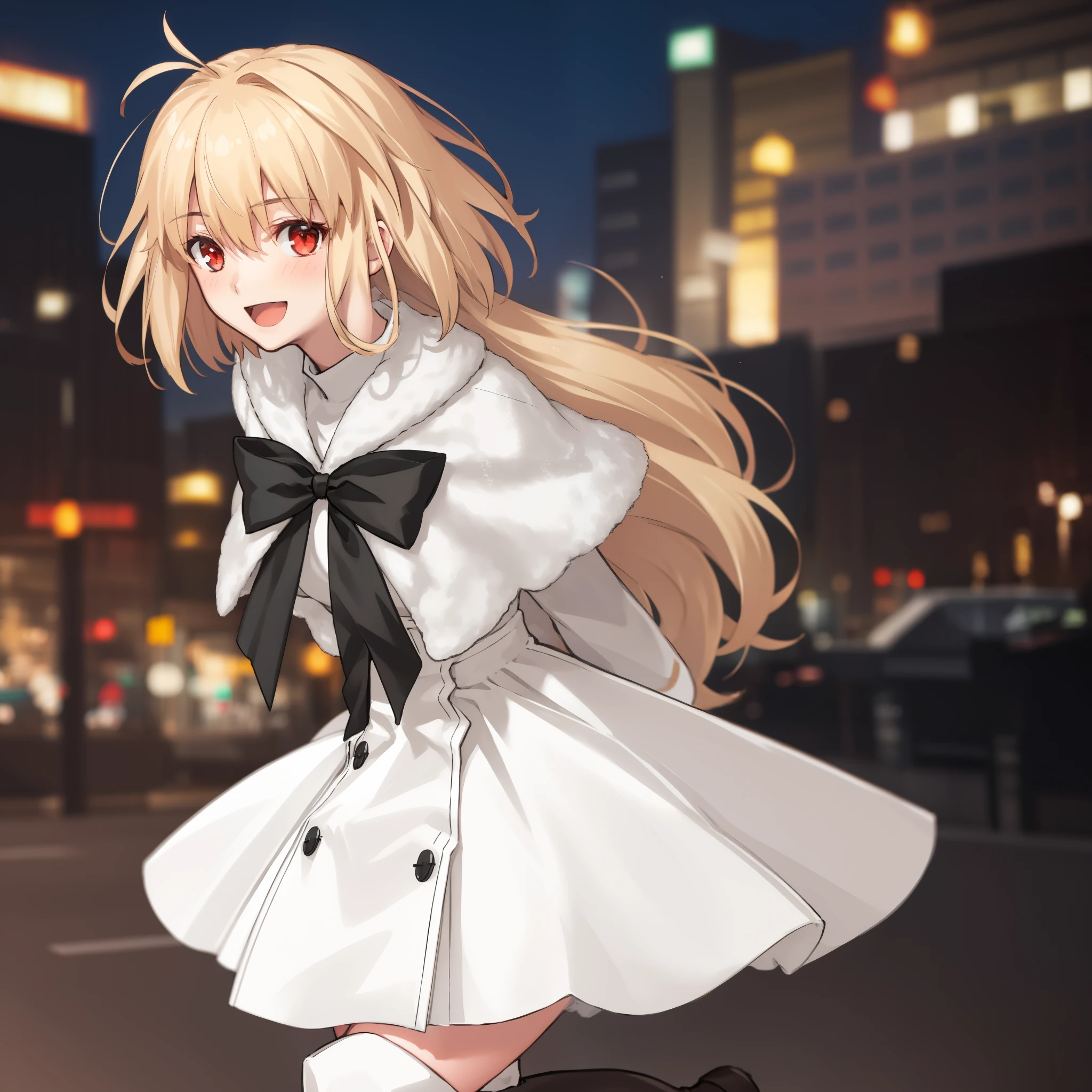 arcueid \(tsukihime\), ((1girl:1.5)), (((solo:1.5))),arms behind back, black bowtie, blush, buttons, white fur capelet, dress, fur trim, looking at viewer, open mouth, smile, solo, vampire, white dress, bokeh, long sleeves, :d, blurry, blurry background, boots, thigh boots, arcueid \(coat\),