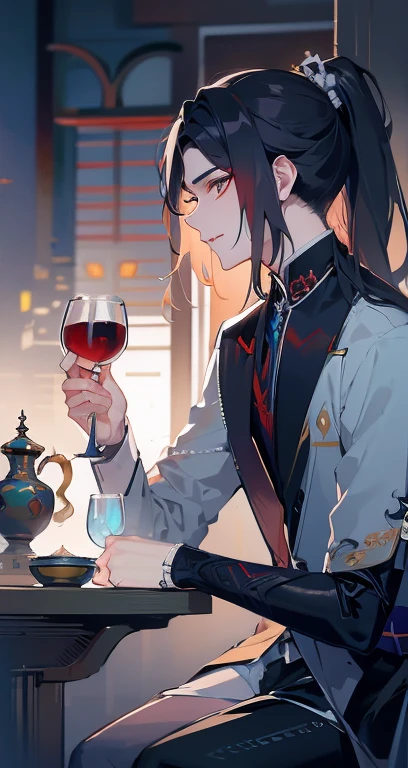 natta，starrysky，high ponytails，Close-up of a man wearing a black robe and tie, Blackn clothes，cai xukun, inspired by Zhang Han, xianxia hero, inspired by Wu Daozi, Inspired by Guan Daoxiang, Young angels, tian zi, drank, xianxia, heise jinyao, inspired by Zhao Yuan, li zixin, xintong chen，natta，