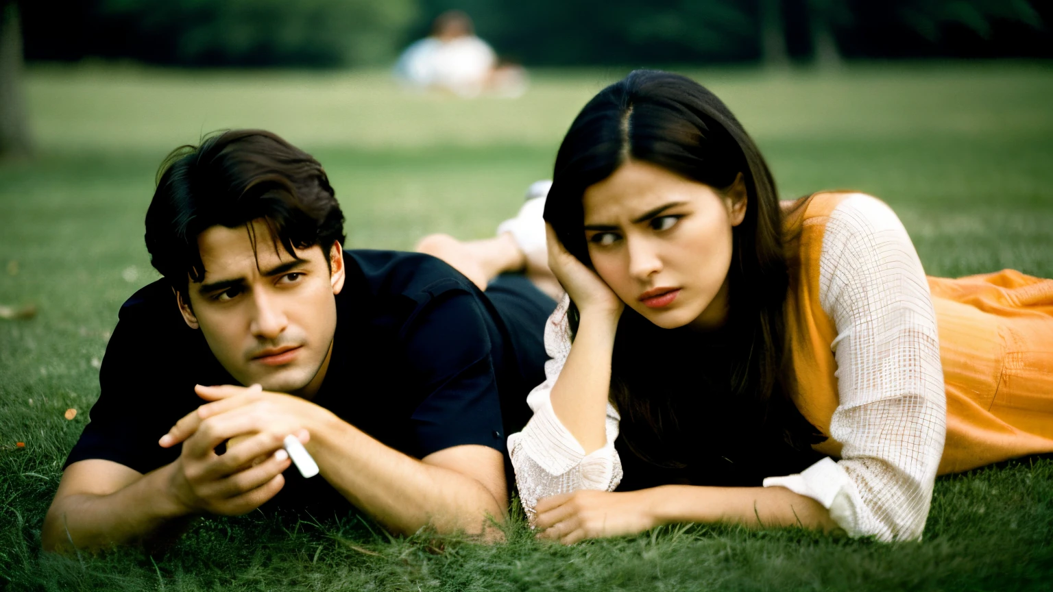 there is a man and woman laying on the grass talking on their cell phones, still from a movie, still from movie, still from the movie, movie still of a tired, shot from movie, film still from the movie, still shot from movie, cinematic still, movie stills, film movie still, screenshot from a movie, still from a terence malik film