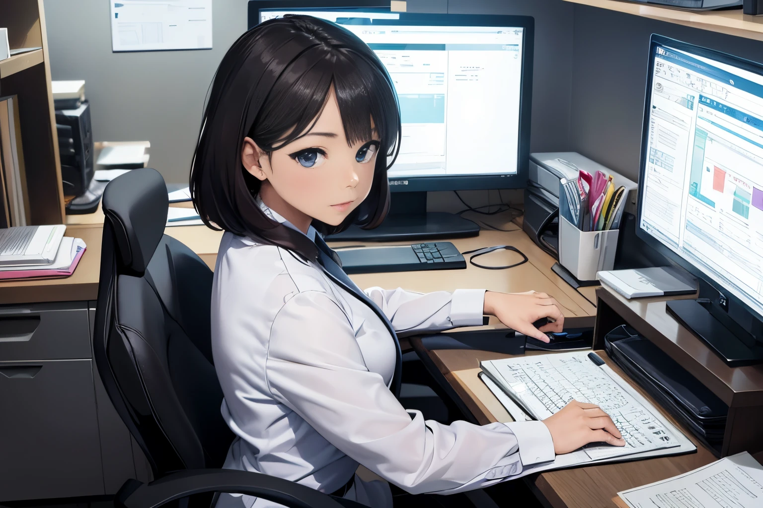 Office lady working on a computer at her office desk、1girl in, serious