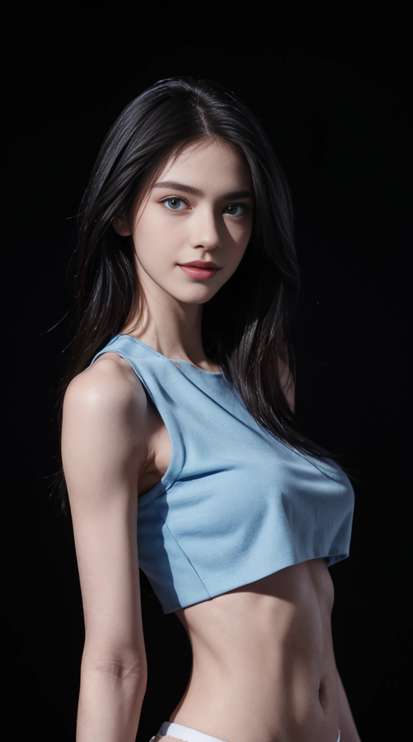 8K, Top Quality, Intricate Details, Ultra Detail, Ultra High Resolution, Masterpiece, full body, Slender, Smile, (Makeup: 0.4), (Fluffy Blue Eyes: 1.21), blue Eyes, looking at viewer, ((full body)), 1girl, solo, 1 girl, (( full body)), , , ((tall)), (((fit body))), (((slim face))), sharp face, sharp eyes, (((black hair, long hair )) , (detailed face), sharp face, small lips,,
(( )), (( crop top)), detailed face, detailed breast, , large breast, detail ass, , Beautiful girl with accentuated slender abs: 1.4, Six Pack Abs: 1.4, Bust Botox, Big, Perfect Body, detail leg, (( dark background)), black background,