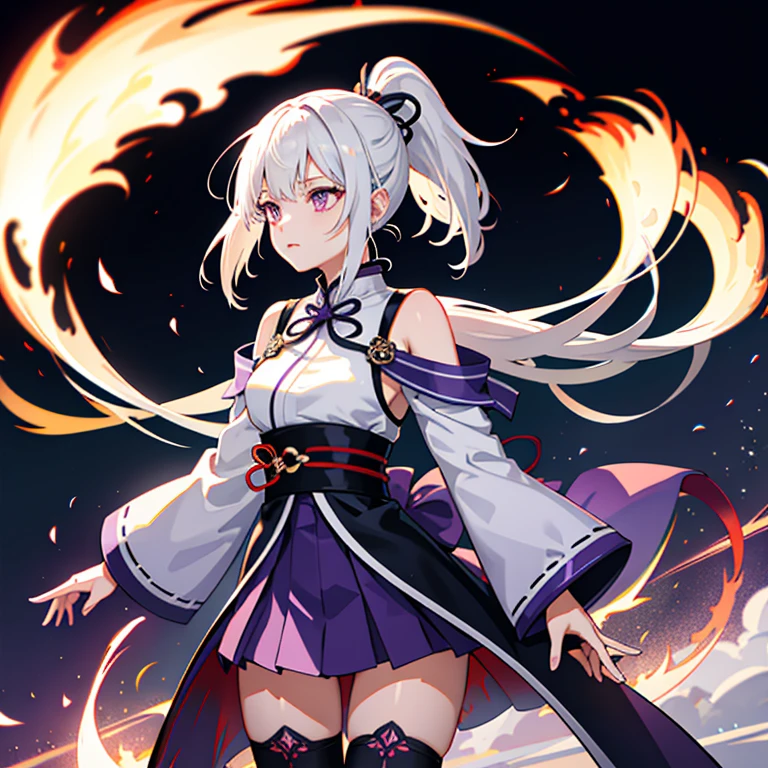 1girl, japanese clothes, ponytail ,white hair, purple eyes, magic circle, blue fire, blue flames, wallpaper, landscape, blood, blood splatter, depth of field, night, light particles, light rays, sidelighting, thighs, fate \(series\), genshin impact, open jacket, skirt, thighhighs, cloud, hands behind back,