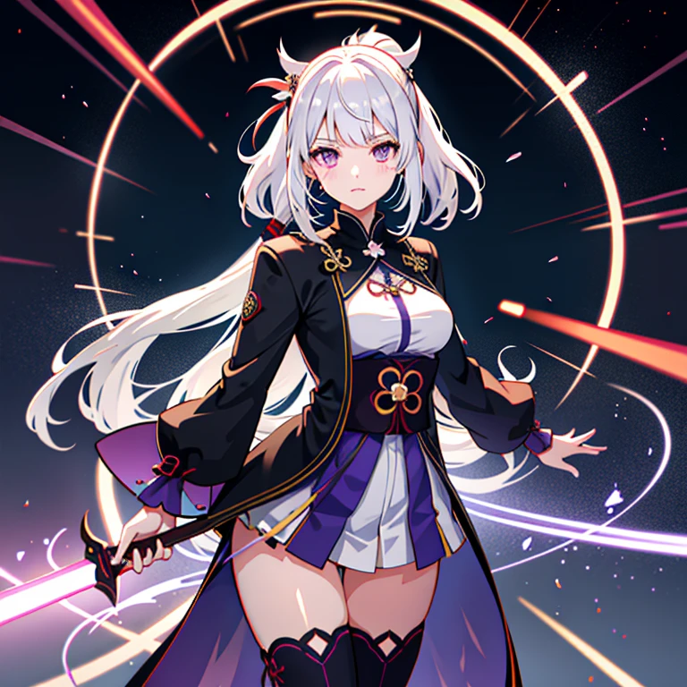 1girl, japanese clothes, ponytail ,white hair, purple eyes, magic circle, blue fire, blue flames, wallpaper, landscape, blood, blood splatter, depth of field, night, light particles, light rays, sidelighting, thighs, fate \(series\), genshin impact, open jacket, skirt, thighhighs, cloud, hands behind back,