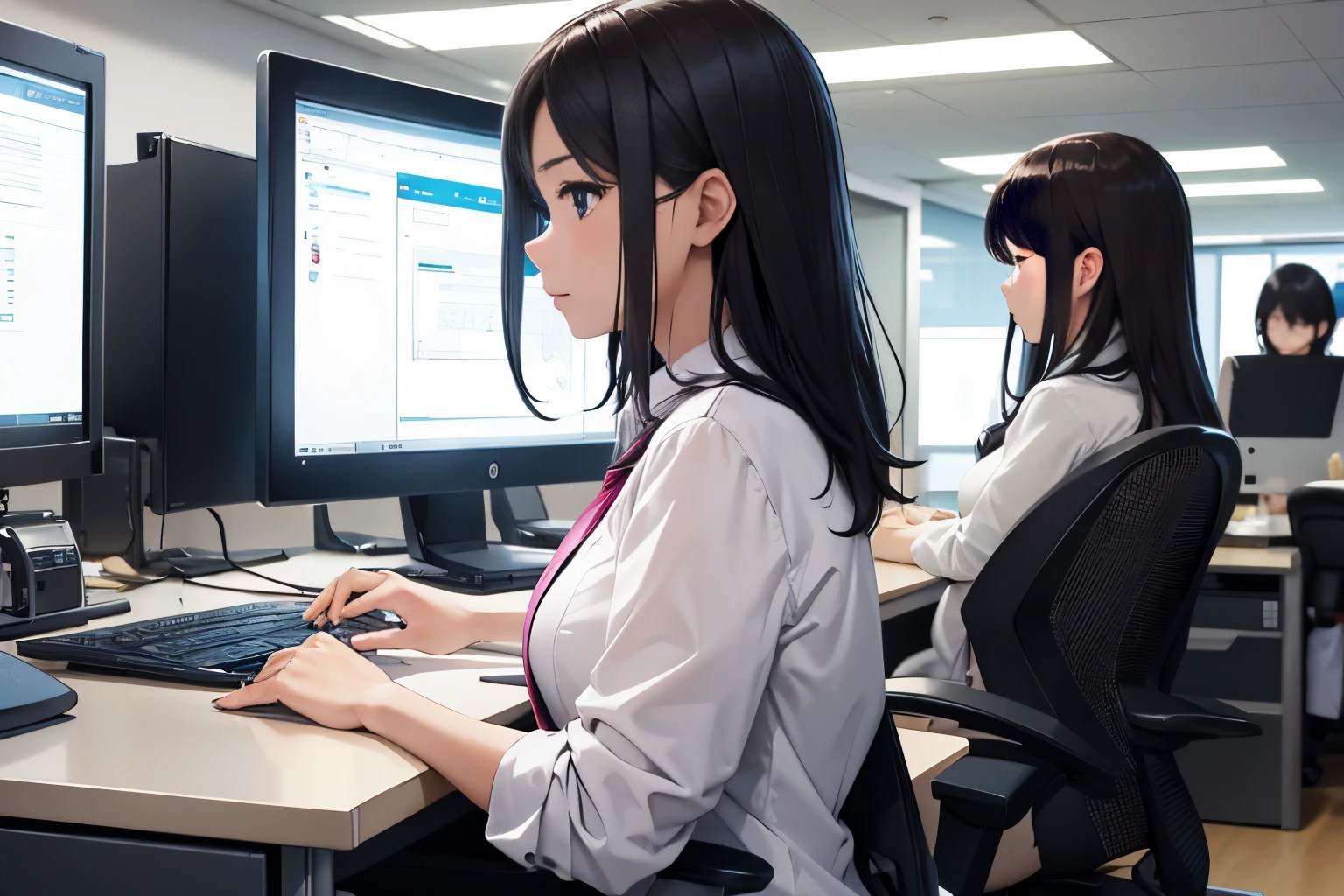 Office lady working on a computer at her office desk、1girl in,  serious