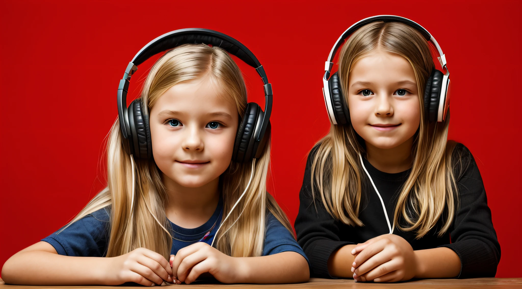 Menina de 10 anos, Russian  with long blond hair, anel de fogo e fone de ouvido na frente de um fundo vermelho,