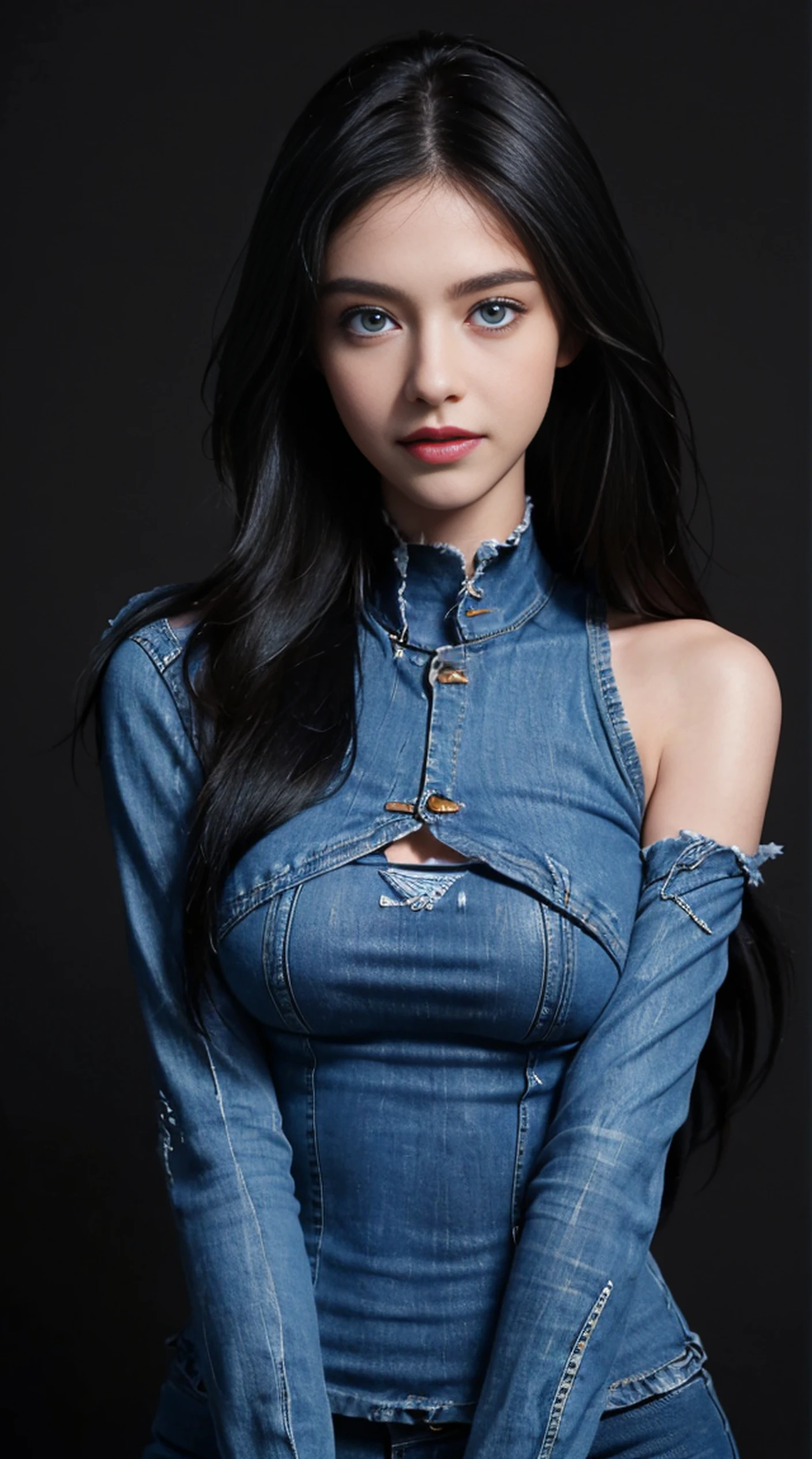 8K, Top Quality, Intricate Details, Ultra Detail, Ultra High Resolution, Masterpiece, close up shot, (full body: 1.1), Slender, Smile, (Makeup: 0.4), (Fluffy Blue Eyes: 1.21), blue Eyes, ((full body)), 1girl, solo, 1 girl, (( full body)), close up shot, , ((tall)), (((fit body))), (((slim face))), sharp face, sharp eyes, (( black hair, long hair, random hairstyle )) , (detailed face), sharp face, small lips,
((sexy torn black denim)), detailed face, detailed breast, , large breast, detail ass, , Beautiful girl with accentuated slender abs: 1.4, Six Pack Abs: 1.4, Bust Botox, Big, Perfect Body, detail leg, (( dark background)), black background,