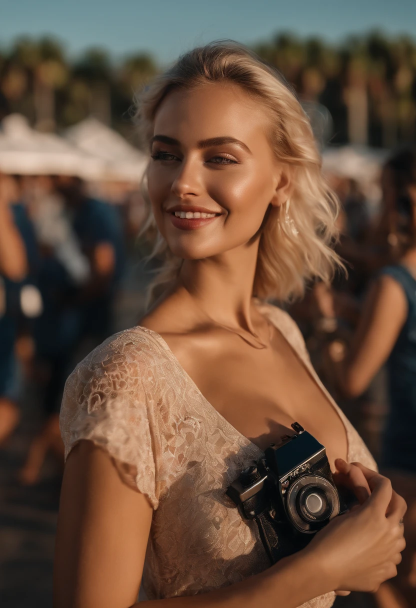 Hyper realistic and detailed full body photo of one young smiling blonde beautiful woman. standing at the concert scene,, background in the sun, amazing vibes ,, going to miami, purse in the hand,, amazing body, holding phone . Sun is shining. perfect eyes, (Eye makeup:1.1), (highly detailed skin:1.1), RAW, analog style, sharp focus, 8k UHD, DSLR, high quality, Fujifilm XT3, grain, award winning, masterpiece. fit girl, huge boobs