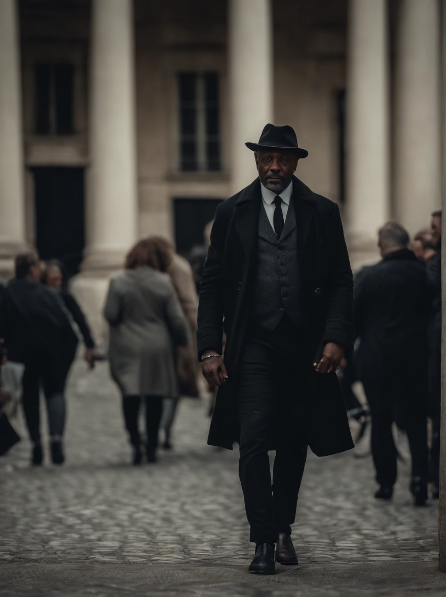 French black man, 56 anos, investigador, vestindo uma jaqueta longa preta, um cap estilo boina, 4k, full body and in action pose.