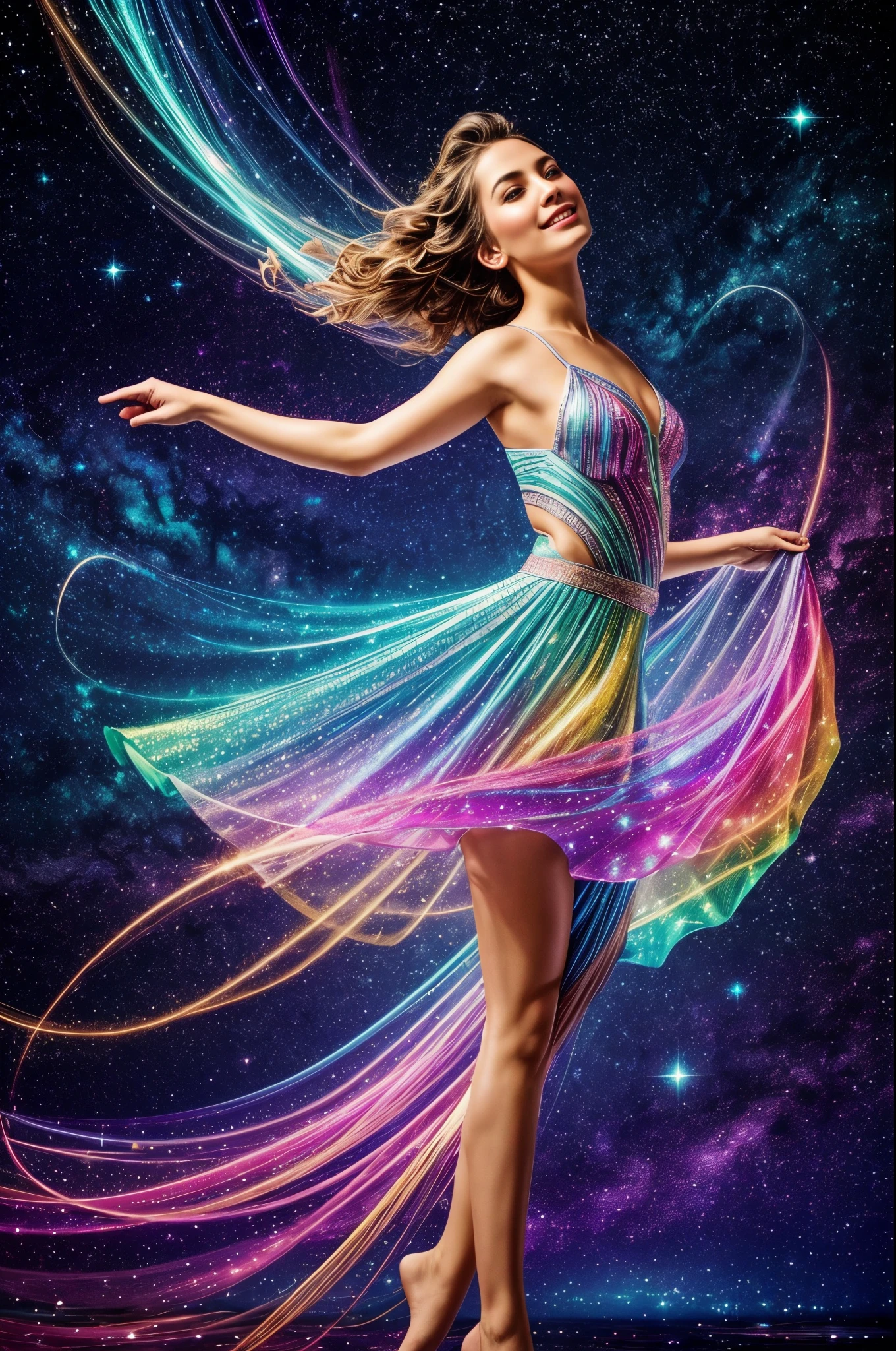 Mesmerizing starry sky glow display, A radiant girl,Shining with bright colors,Dance and twirl like ribbons of starlight. When she moves, her brilliance,Paint the world with fascinating colors, Amazing to all who have seen her ethereal beauty.