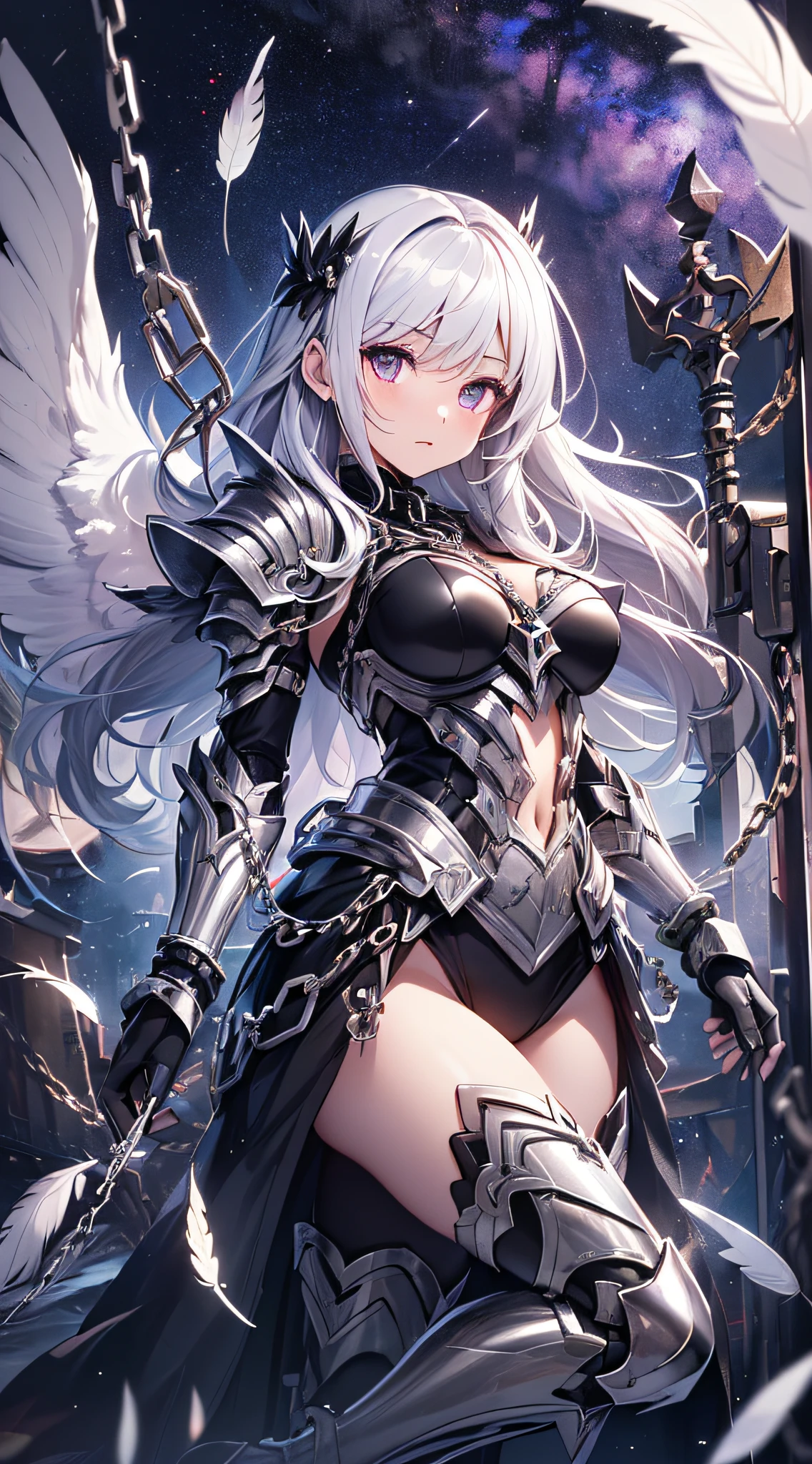 top-quality、Top image quality、masterpiece、girl with((Silver and black mechanical body armor、silver mechanical arm、silver leg arms、Shining red body line、sixteen years old、teen ager、cute little、Best Bust、big bast,Beautiful shining purple eyes、Breasts wide open, white hair、black mechanical wings,Longhaire、A slender,Large valleys、belligerent movements,holds a black sword、anchor chain、chain、chains)),hiquality、Beautiful Art、Background with((Midnight City、Pillar of fire、fluttering white feathers)))、,masutepiece、depth of fields,Cinematic style