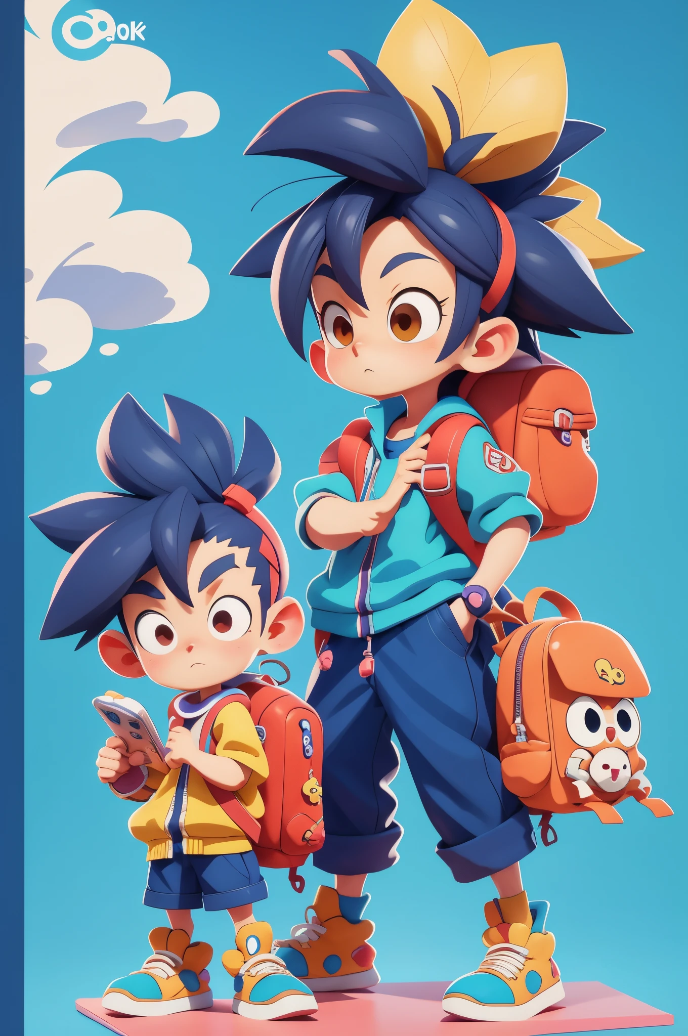 Cartoon character carrying backpack and backpack in front of blue background, stylized anime, Anime style 3D, Rendering of a cute 3D anime girl, cute character, style of anime. 8K, 3d rendered figure art 8k, Anime style characters, Anime Stylization, Anime style 4k, highly detailed character, High quality anime art style