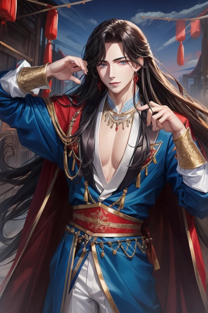 (tmasterpiece:1.4), (Best quality at best:1.2), hua cheng, 1 boy, malefocus, Chinese clothes, jewely, long whitr hair,eBlue eyes，blue clothes，, view the viewer, Outdoor activities, the night, The upper part of the body