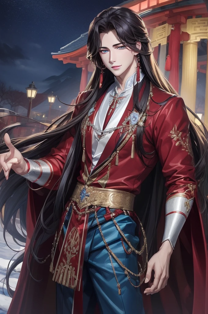 (tmasterpiece:1.4), (Best quality at best:1.2), hua cheng, 1 boy, malefocus, Chinese clothes, jewely, long whitr hair,eBlue eyes，blue clothes，, view the viewer, Outdoor activities, the night, The upper part of the body