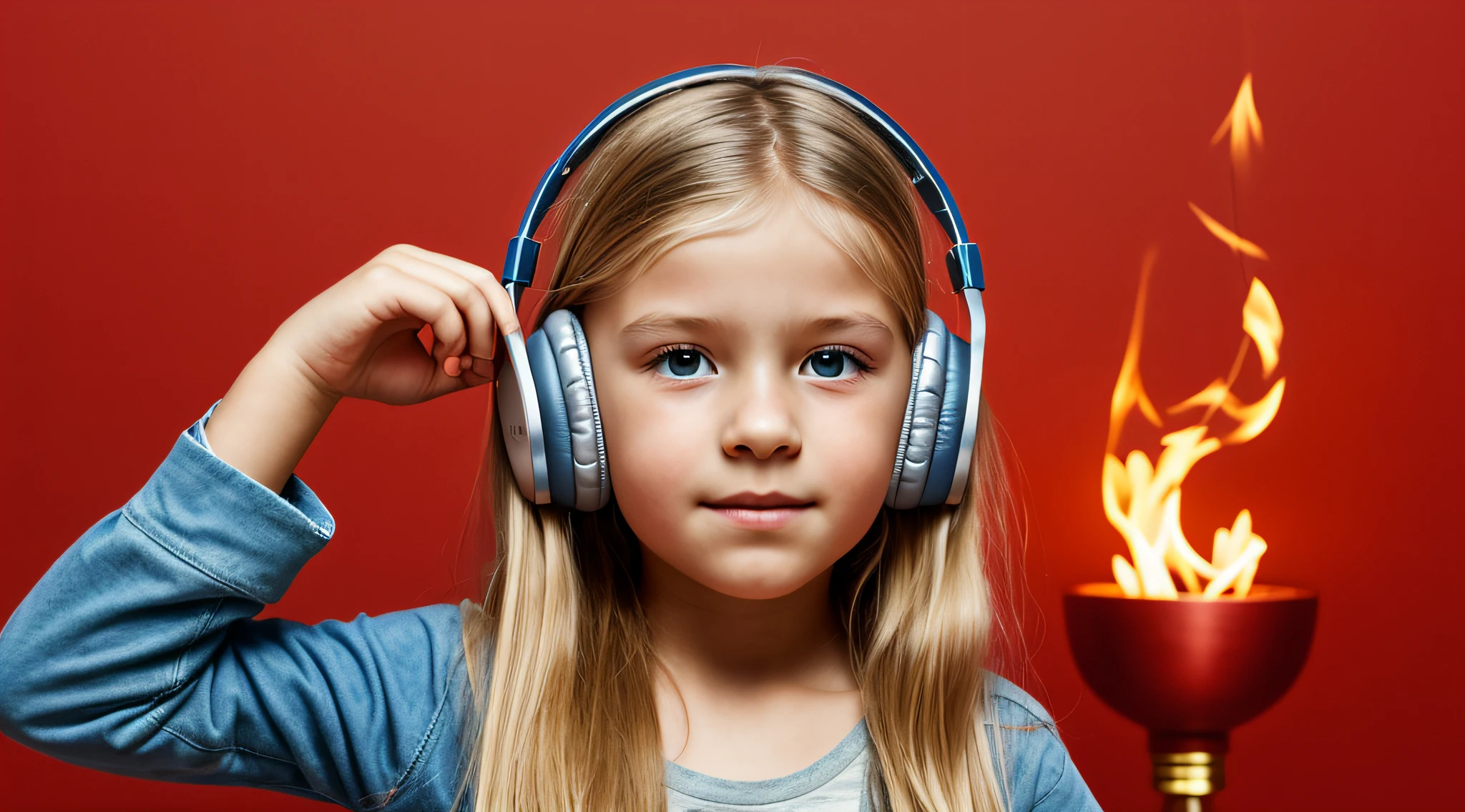 , Russian child with long blond hair, anel pegando fogo e fone de ouvido na frente de um fundo vermelho,