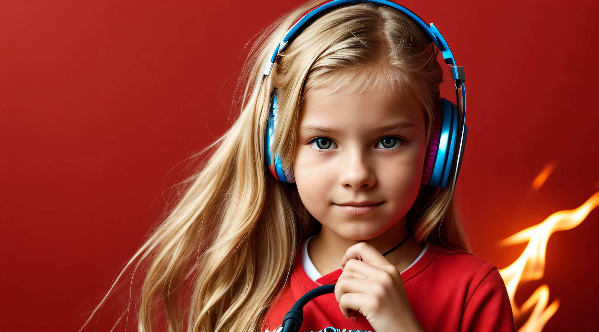 Menina de 10 anos, Russian  with long blond hair, anel pegando fogo e fone de ouvido na frente de um fundo vermelho,