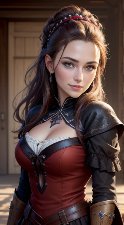 Quality (photo realistic style, UHD, 16k, Textured skin, hight resolution), portrait of a beautiful western woman, widow's peak, The perfect female face, perky smile, girl in a dress