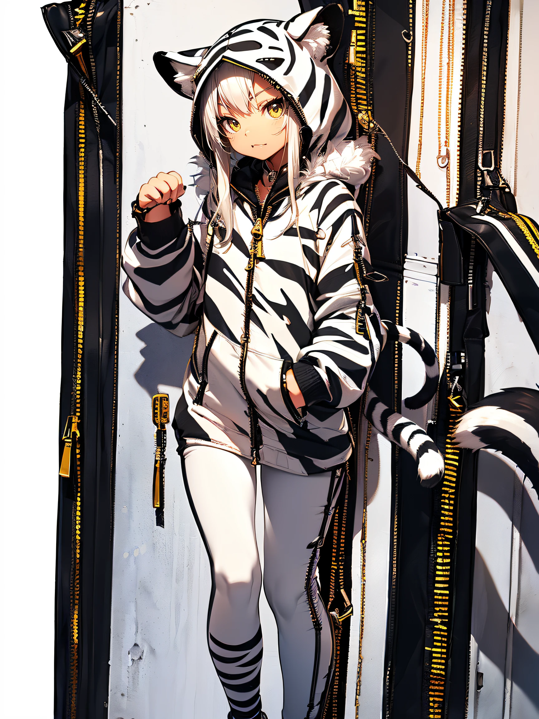 (white tiger kigurumi:1.2), (fluffy and soft fabric:1.4), ((- Zipper on the front, Easy to put on and take off):1.5), ((Long sleeves, feet cover hands):1.2), (ears and striped hood:1.3), (black-tipped tail:1.3), (white leggings and sneakers:1.2)