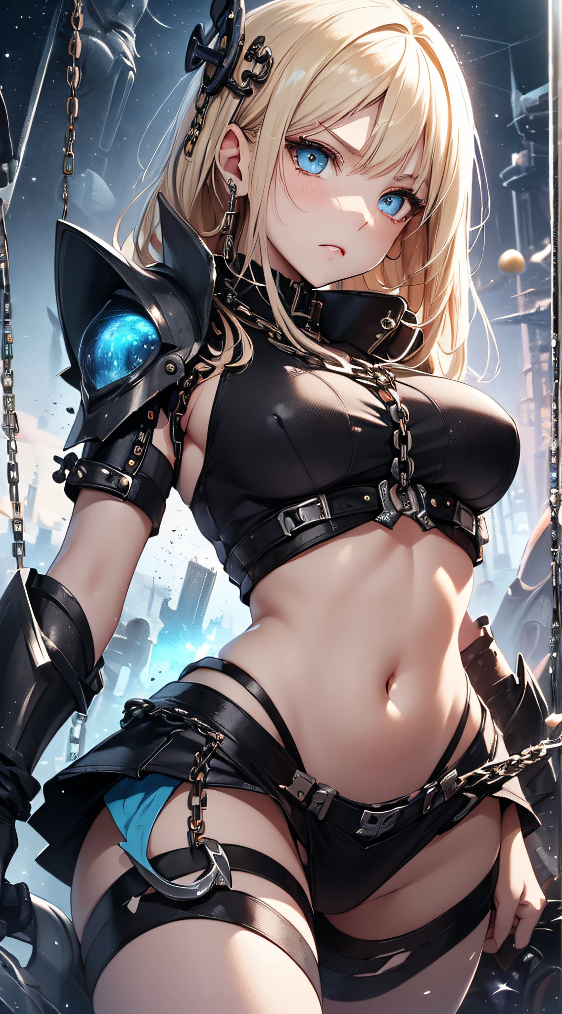 top-quality、Top image quality、​masterpiece、girl with((Red Leotard、Black Mechanical Armor、、teen ager、cute lit Bust、big bast,Beautiful light blue eyes、Breasts wide open, a blond、A slender,Large valleys、belligerent movements,Warlike face、Navel Tank Top、mechanical short skirt、anchor chain、chain、chain saw)),hiquality、Beautiful Art、Background with((universes)))、Depth((black hole)),masutepiece、depth of fields,Cinematic style