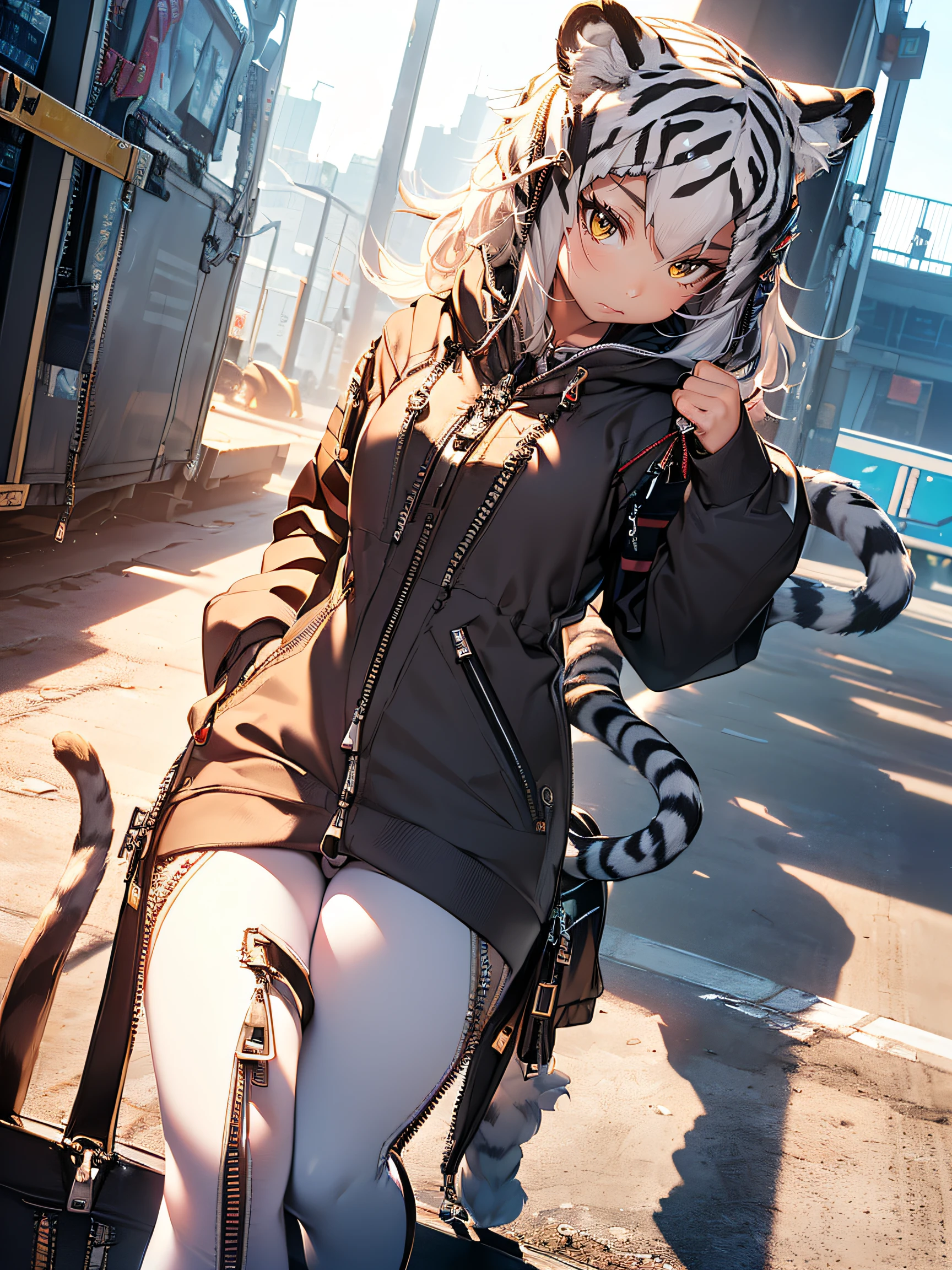 (white tiger kigurumi:1.2), (fluffy and soft fabric:1.4), ((- Zipper on the front, Easy to put on and take off):1.5), ((Long sleeves, feet cover hands):1.2), (ears and striped hood:1.3), (black-tipped tail:1.3), (white leggings and sneakers:1.2)