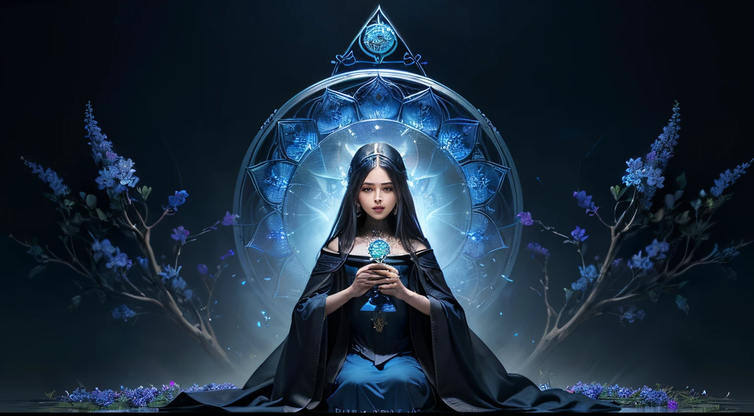 Background blue, blue flowers, witchcraft, Dark Fantasy,NOhumans, tarot card, a Mandala