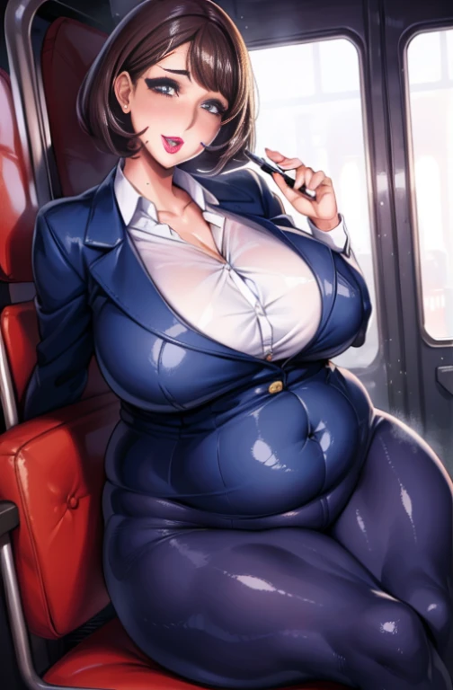 Lucy Piddle, Face portrait, ((The makeup is very thick)), ((Bright lipstick)), Smiling, ((cosmetics)), ((heavy makeups)), Short hair details, Brown hair, sexy women, button- shirt , white shirt, black dress pants, ((Very fat woman)), Lop, sitting on a bus,Full body photo,((Plump long legs)),Full body lesbian