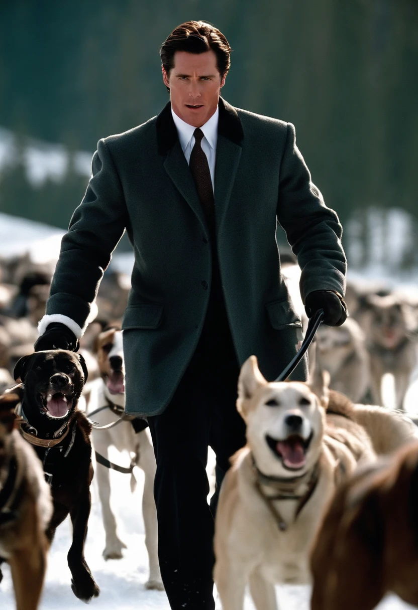 The image is of Patrick participating in a dog sledding race, driving the sled with a cruel and ruthless expression on his face.,American Psycho,Patrick is a tall, tan, muscular man with slicked back brown hair, and an expensive suit. Looks like Christian Bale, male