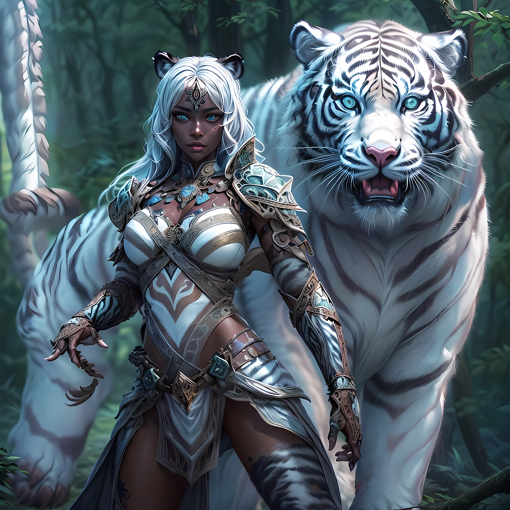high details, best quality, 16k, [Ultra detailed], masterpiece, best quality, (extremely detailed), dynamic angle, ultra wide shot, RAW, photorealistic, fantasy art, RPG art, realistic art, a wide angle picture of an epic female drow elf ranger and her pet (white tiger: 1.3),  warrior of nature, fighter of nature, full body, [[anatomically correct]] full body (intricate details, Masterpiece, best quality: 1.5) talking to am epic (white tiger: 1.3) (intricate details, Masterpiece, best quality: 1.6) armed with an epic magical sword  (intricate details, Masterpiece, best quality: 1.5) epic magical sword fantasysword sword, glowing in blue light , in dark forest ( intricate details, Masterpiece, best quality: 1.4), a female beautiful epic drow wearing leather armor (intricate details, Masterpiece, best quality: 1.5), leather boots, thick hair, long hair, white hair, black skin intense eyes, forest  background (intense details), moon light, stars light, clouds (intricate details, Masterpiece, best quality: 1.5), dynamic angle, (intricate details, Masterpiece, best quality: 1.3), high details, best quality, highres, ultra wide angle, dungeons and dragons