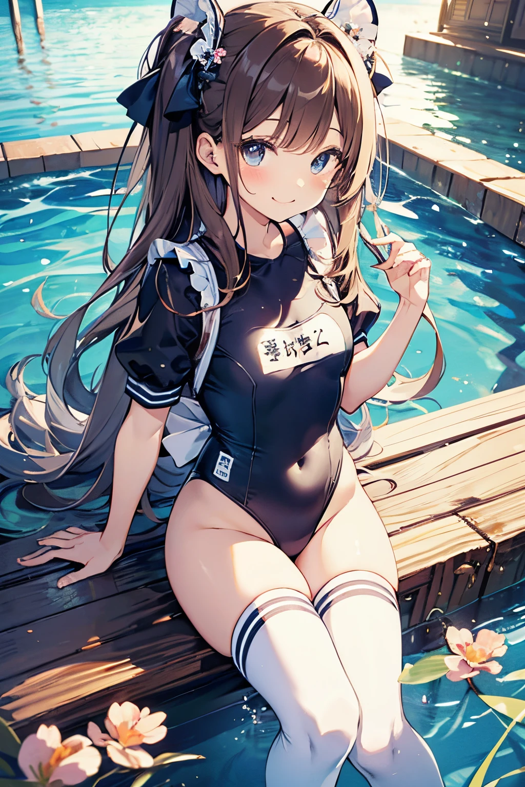 Beautiful illustration、top-quality、cute petit girl、(transform sequence)、((The top looks like a Japanese maid.、Bottoms are one-piece swimsuit))、10yaers old、elementary student、Slender beautiful girl、Fractal Art、baby-face、((stright long hair))、Beautiful big drooping eyes、A smile、Full Body Display、（1 persons）、shortsleeves、Calm sea（knee high socks）、is standing、swim wears、