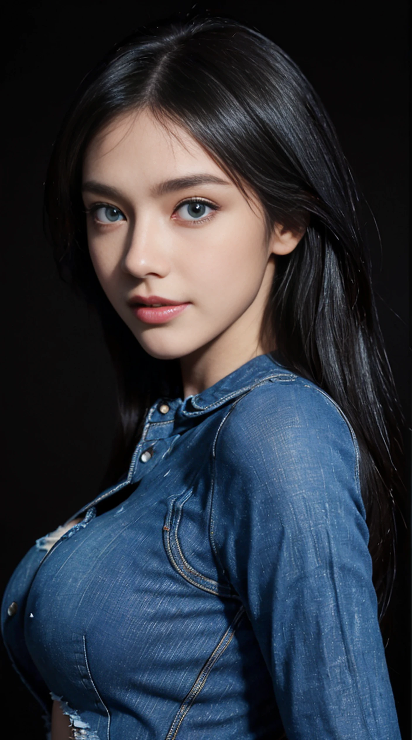 8K, Top Quality, Intricate Details, Ultra Detail, Ultra High Resolution, Masterpiece, full body, Slender, Smile, (Makeup: 0.4), (Fluffy Blue Eyes: 1.21), blue Eyes, looking at viewer, ((full body)), 1girl, solo, 1 girl, (( full body)), , , ((tall)), (((fit body))), (((slim face))), sharp face, sharp eyes, (((black hair, long hair )) , (detailed face), sharp face, small lips,,
(( )), ((torn denim )), detailed face, detailed breast, , large breast, detail ass, , Beautiful girl with accentuated slender abs: 1.4, Six Pack Abs: 1.4, Bust Botox, Big, Perfect Body, detail leg, (( dark background)), black background,
