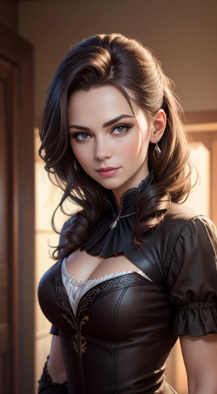 Quality (photo realistic style, UHD, 16k, Textured skin, hight resolution), portrait of a beautiful western woman, hair styled widow's peak, The perfect female face, perky smile, girl in a dress