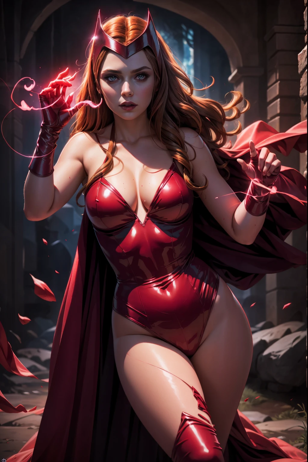 best quality,ultra-detailed,realistic,sexy scarlet witch,beautiful detailed eyes, beautiful detailed lips, long red hair, witch costume, glowing magical powers, intense gaze, confident posture, dark and mysterious background, vibrant colors, enchanting art style, dramatic lighting