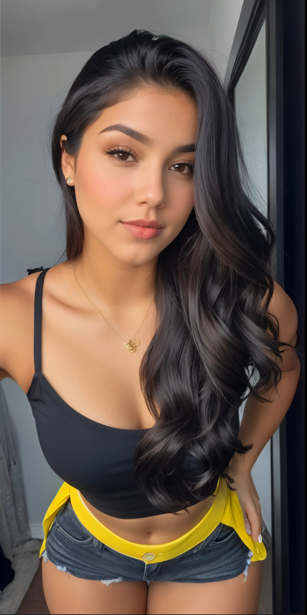 there is a woman with long hair posing for a picture, she is wearing a black tank top, Ela tem pele marrom oliva, Isabela Moner, lindo rosto latino, Violeta Myers, ela tem um rosto bonito, flowing black hair, ela tem um rosto expressivo bonito, her black hair is a long curly, Ela tem cabelo preto com franja, lindo modelo jovem