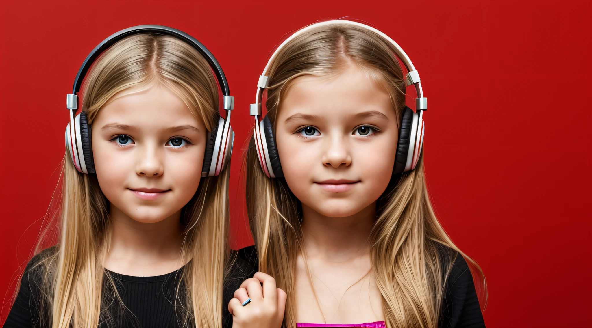 Menina de 10 anos, Russian  with long blond hair, anel pegando fogo e fone de ouvido na frente de um fundo vermelho,