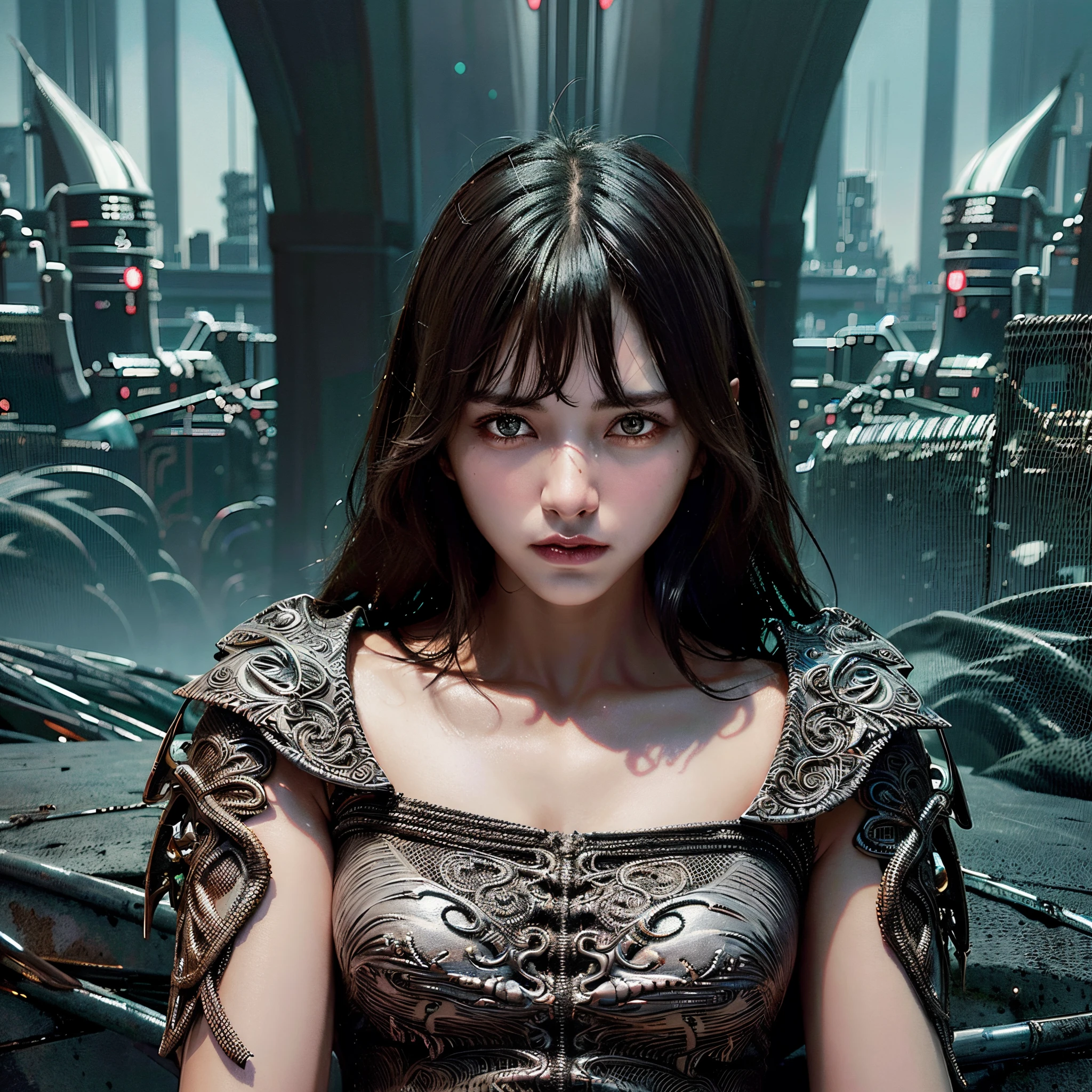 uma linda guerreira cyberpunk mulher ciborgue linda armadura blindada de 8k realista e ultra detalhada