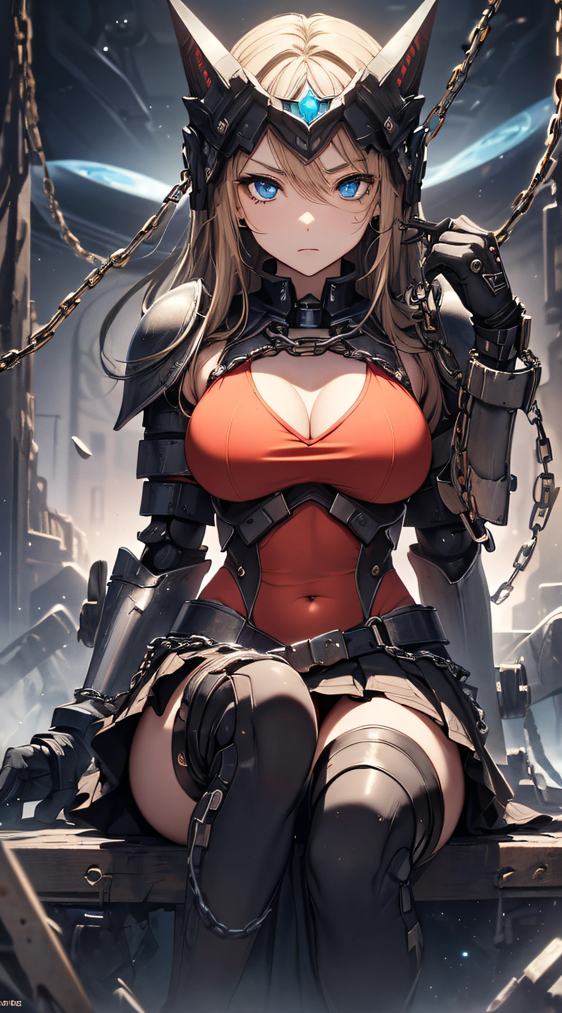 top-quality、Top image quality、masterpiece、girl with((Red Leotard、Black Mechanical Armor、sixteen years old、 ager、cute little、Best Bust、big bast,Beautiful light blue eyes、Breasts wide open, a blond、A slender,Large valleys、belligerent movements,Warlike face、Navel Tank Top、mechanical short skirt、anchor chain、chain、chain saw、Is sitting on the throne)),hiquality、Beautiful Art、Background with((universes)))、Depth((black hole)),masutepiece、depth of fields,Cinematic style