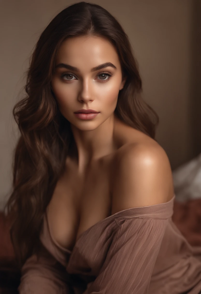 latino woman et swedish , sexy girl with brown eyes, ultra realistic, meticulously detailed, portrait sophie mudd, brown hair and large eyes, selfie of a young woman, bedroom eyes, violet myers, without makeup, natural makeup, looking directly at the camera, face with artgram, subtle makeup, stunning full body shot kneeling on bed, in bedroom, medium to large size bust,