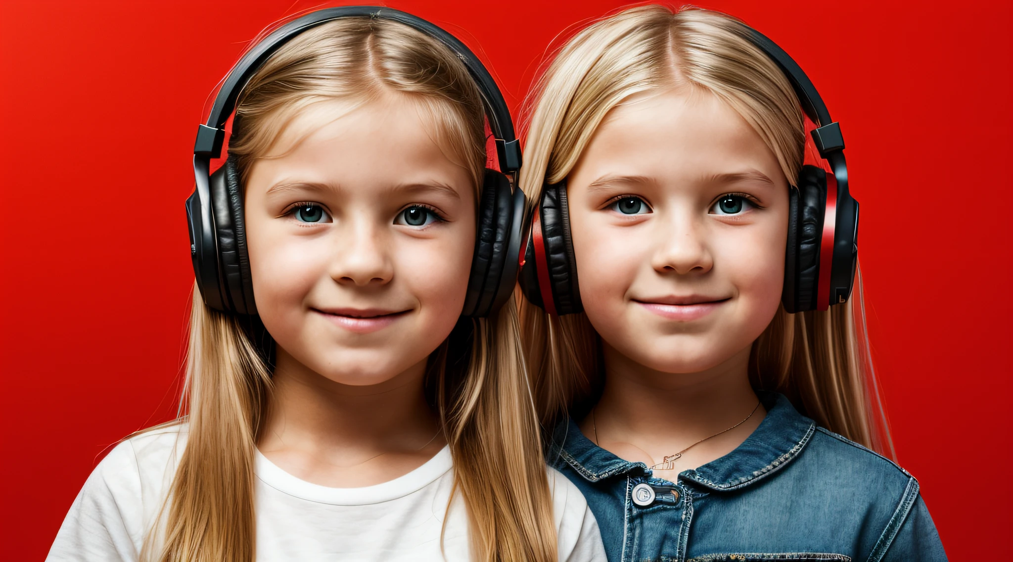 Menina de 10 anos, Russian  with long blond hair, anel pegando fogo e fone de ouvido na frente de um fundo vermelho,