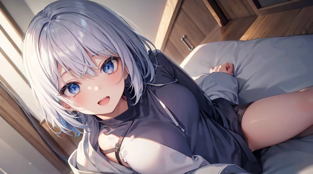 mid-shot, Look at viewers, hands behind back, girl with, 20 years old, Very short hair, long bangs between eyes, hair over shoulder, Grey Hair, Floating hair, ^ ^, pale blue eyes, Short dress, Hoodie, Skirt, Bare shoulder, White clothes, , Extremely detailed,(masterpiece、top-quality)、独奏、1womanl、White hair、the tips of the hair are blue、Blue eyes、A smile、White skin as clear as snow、Small breasts, Silver hair, Blue eyes, Beautiful eyes, Teen Girl, Ecstasy, charmed, be smitten with audience, Hoodie, Hoodie with open front, Shoulder out,on the beds,inside in room,laying on back,open open mouth
