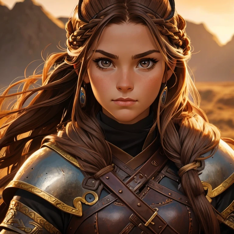 Female warrior, viking, portrait photo, dynamic, beautiful woman, brown-haired, brown eyes, viking hairstyle, 28 years old,