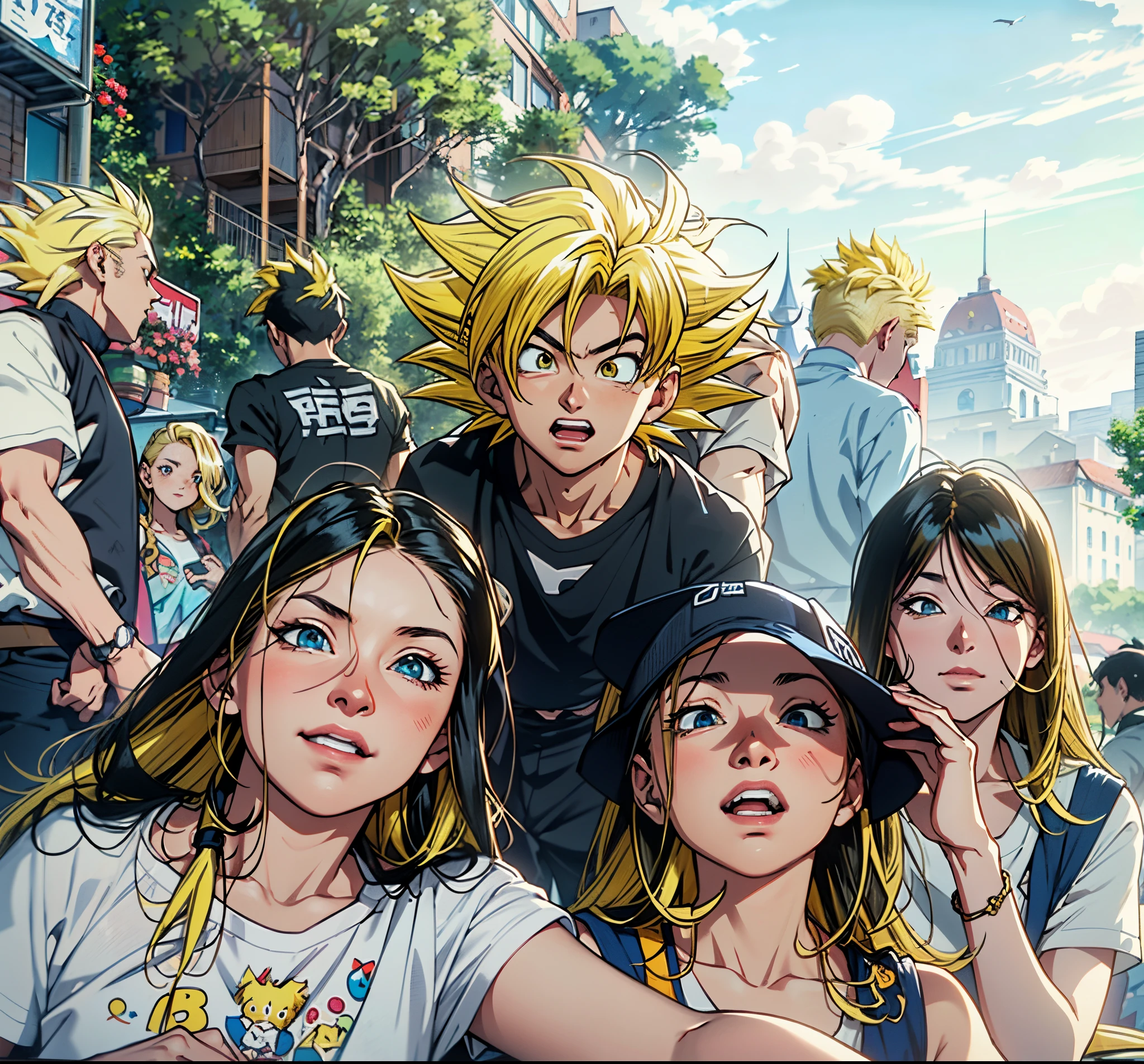 there are many people that are posing for a picture together,super saiyan,(blond hair:1.7), ((yellow hair:1.5)),super saiyan goku, super sayan, super sayian goku, super saiyan 3, going super saiyan, dragon ball concept art, dragon ball artstyle, 4 k manga wallpaper, goku from dragon ball, an epic anime of a energy man, 4k anime wallpaper,smile,