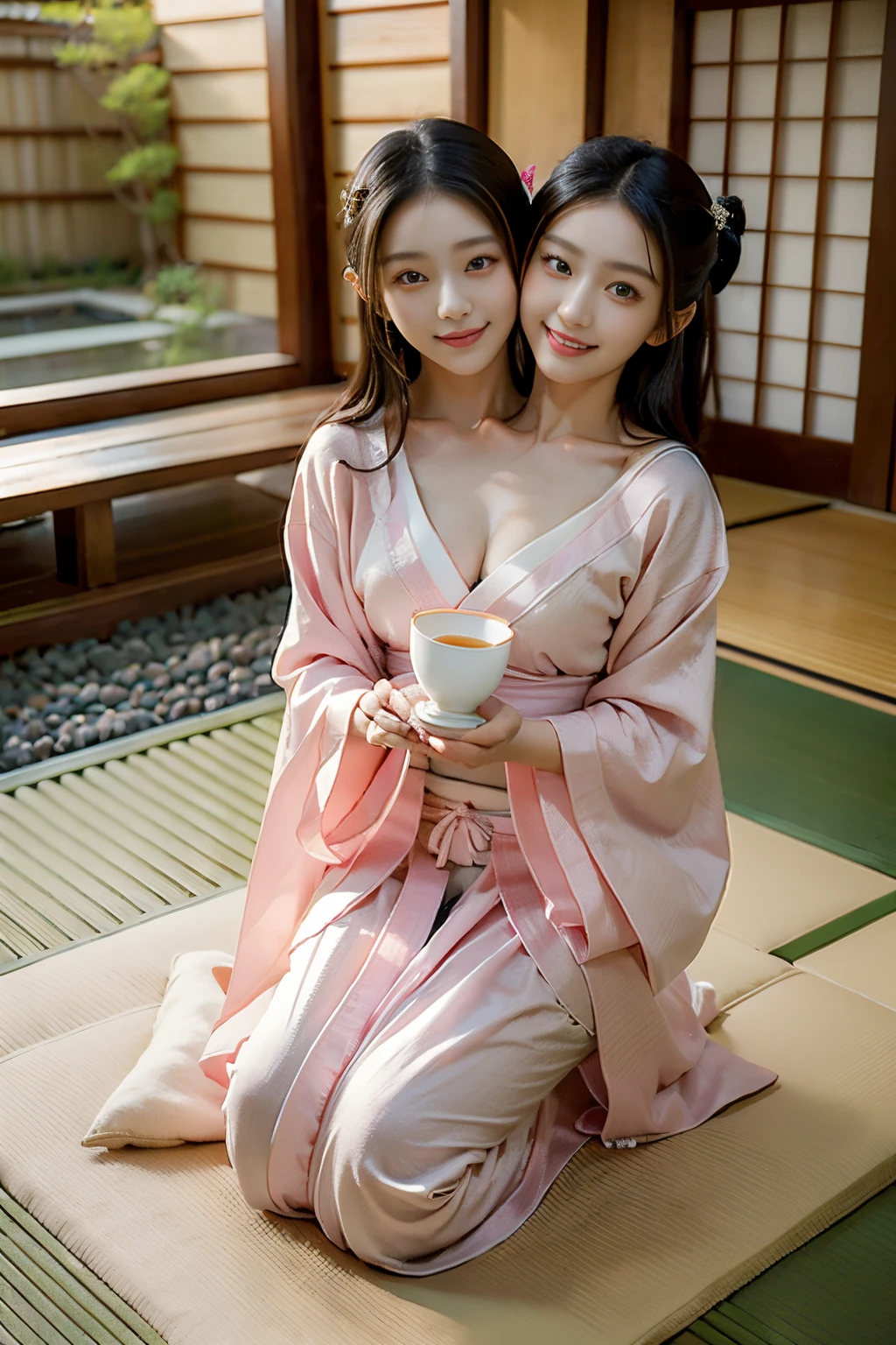 (masterpiece, best quality), best resolution, (2heads:1.5), 1girl, black hair, green eyes, relaxed, smiling, pink samurai robe, holding a teacup, kneeling on a cushion, zen garden outside a traditional japanese house