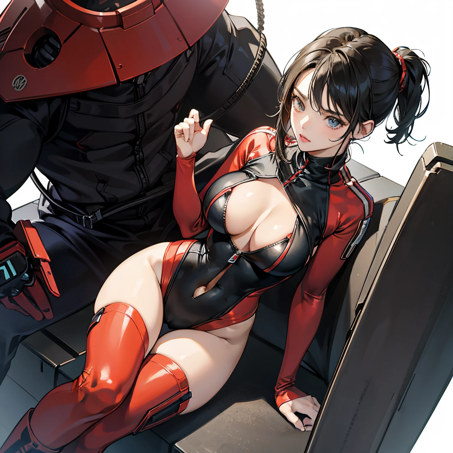 1girl in,A beautiful girl wearing a red battle bodysuit from a sci-fi anime exposes her cleavage and stomach while changing clothes,boyish handsome girl,Undercut black short hair,Accurately drawn face,Slender but big breasts,cleavage of the breast,Navel,thighs thighs thighs thighs,tre anatomically correct,perfectly proportions,Precise fingers,The sci-fi anime battle body suit is leotard-type red.,Mechanical parts and shiny parts,cyber design protector,High leg that digs into the crotch,Open the front zipper wide to below the navel...,Cyber design long boots,At the SF anime hangar,​masterpiece,hiquality,