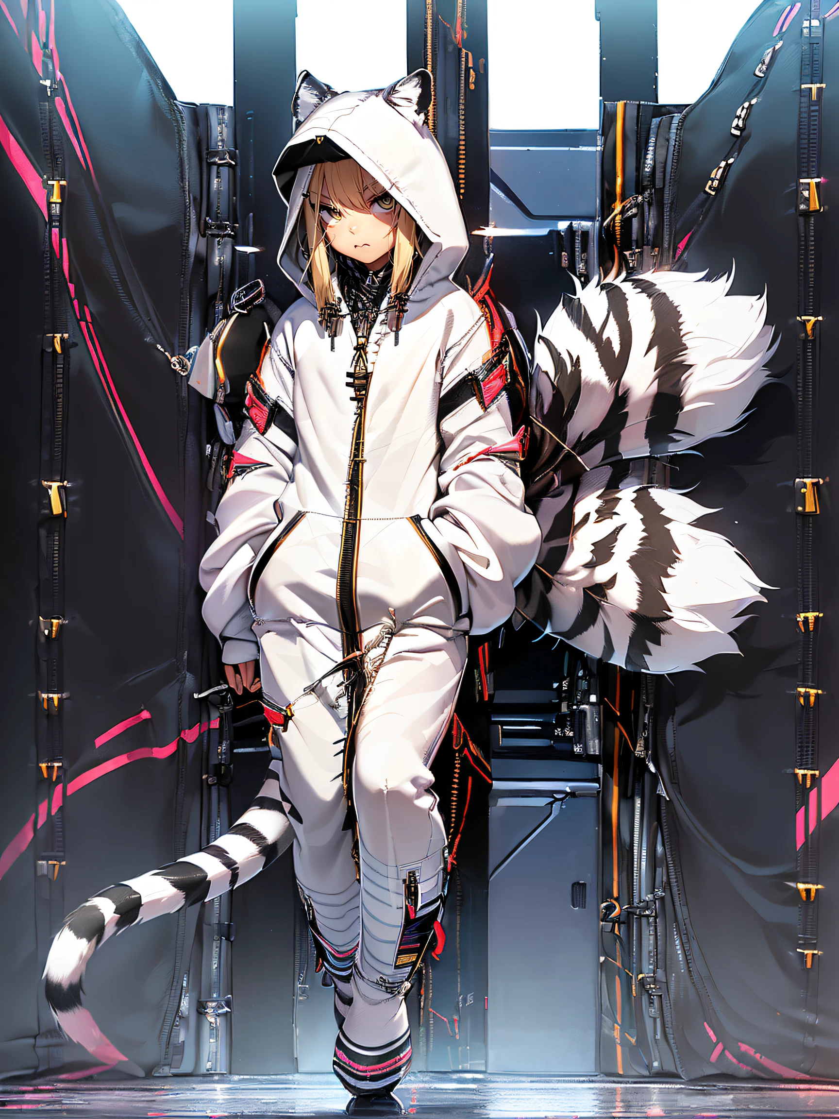 (white tiger kigurumi:1.2), (fluffy and soft fabric:1.4), ((- Zipper on the front, Easy to put on and take off):1.5), ((Long sleeves, feet cover hands):1.2), (ears and striped hood:1.3), (black-tipped tail:1.3),