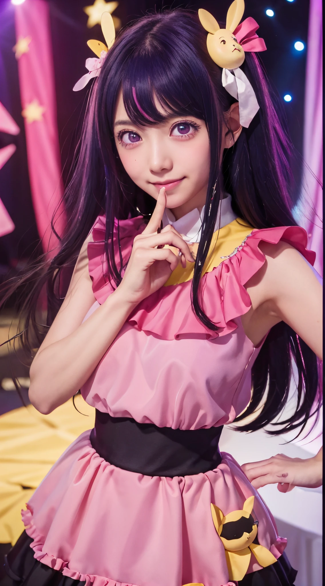 top-quality, 8K, ultra-detailliert, Photorealsitic, (1girl in,),Dancing,(((Ai Hoshino Dresses))),Six-pointed star in the eye,Microphone in right hand,((Colorful atmosphere)),Wink,(((cute-style))),((Saturated colors)),(Ai Hoshino),Big eyes,Eyes of Fantasy,Purple hair,Happy,Hair Accessories,((High quality)),touch pink and black dress,Anime Idol, Pretty Face, Japan Faces, sixteen years old