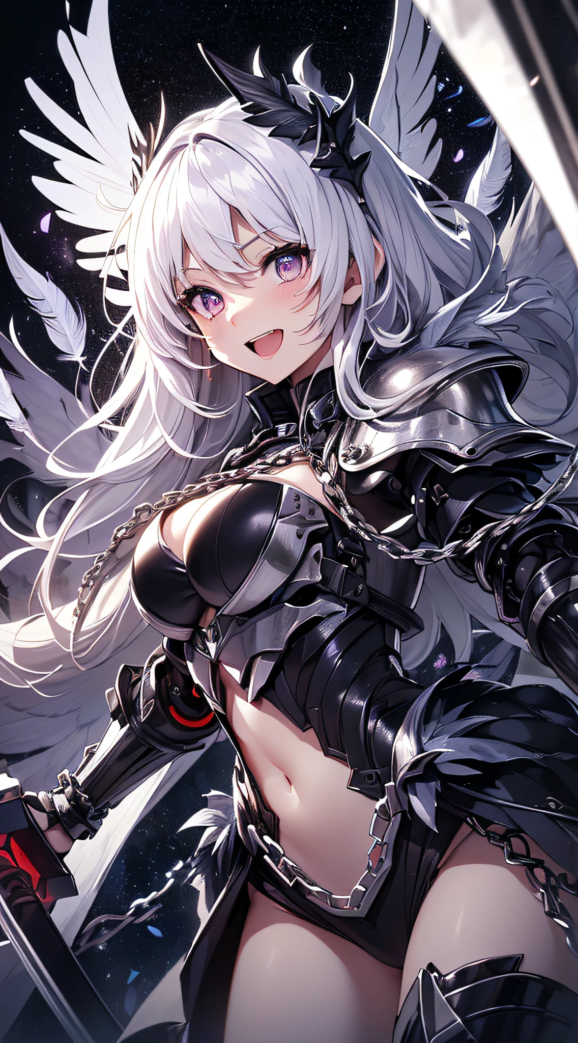 top-quality、Top image quality、​masterpiece、girl with((Silver and black mechanical body armor、silver mechanical arm、silver leg arms、Shining red body line、sixteen years old、 ager、cute little、Best Bust、big bast,Beautiful shining purple eyes、Breasts wide open, white  hair、black mechanical wings,Longhaire、A slender,Large valleys、belligerent movements,holds a black sword、anchor chain、chain、chains、Beam Cannon、Laugh)),hiquality、Beautiful Art、Background with((Midnight City、Pillar of fire、fluttering white feathers)))、,masutepiece、depth of fields,Cinematic style