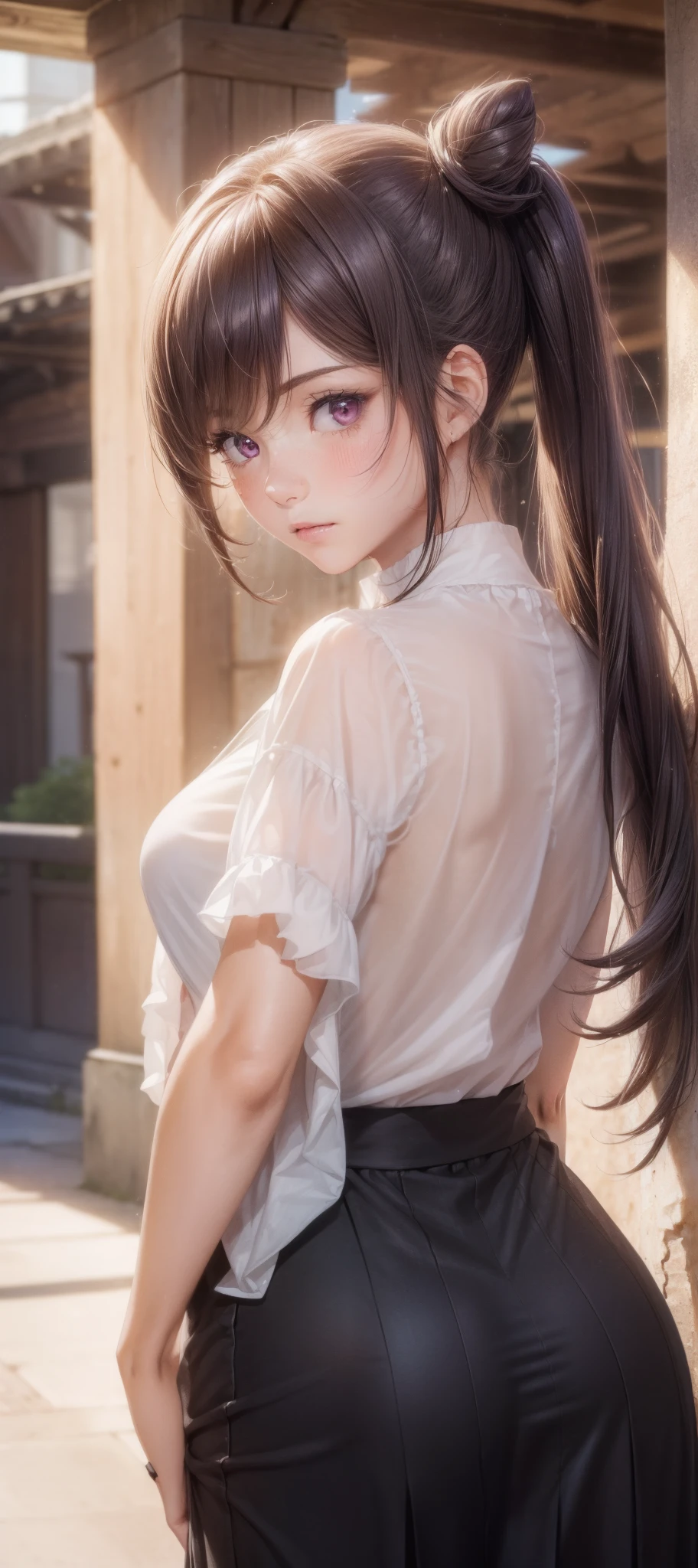 (1girl:1.3), (photorealistic:1.4), (masterpiece, top quality, best quality, official art), extreme detailed, highest detailed, (ultra-detailed), ((an extremely delicate and beautiful)), cinematic light, contemporary, silky long hair, she standing at the station, in evening, shirt, long skirt, butt crack, upper body, from above, shy, blush, (looking back:1.4),