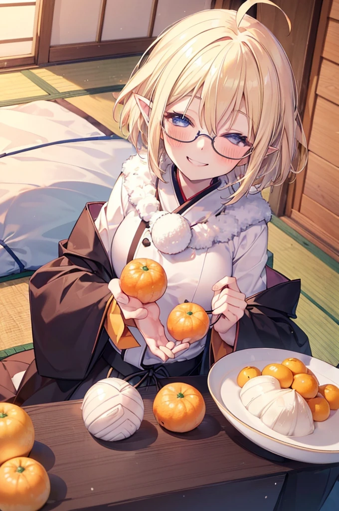 ultra detailed, best quality, high resolution, ((8k)), ((1girl)), pale skin, petite, (blonde hair), (very short hair), (ahoge:1.3), (glasses), pointy ears, (blush:1.3), blue eyes, medium breasts, ((happy smile:1.5)), ((winter clothes)), oranges on the kotatsu, closed eyes, open mouth, japanese old style house, (get into the kotatsu)